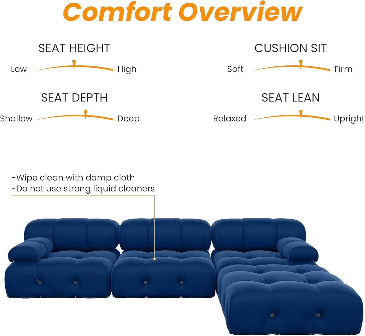 Matrix Minimalist Modular Sofas | Blue Velvet Couch Sectionals 4-seaters with 1 Ottoman