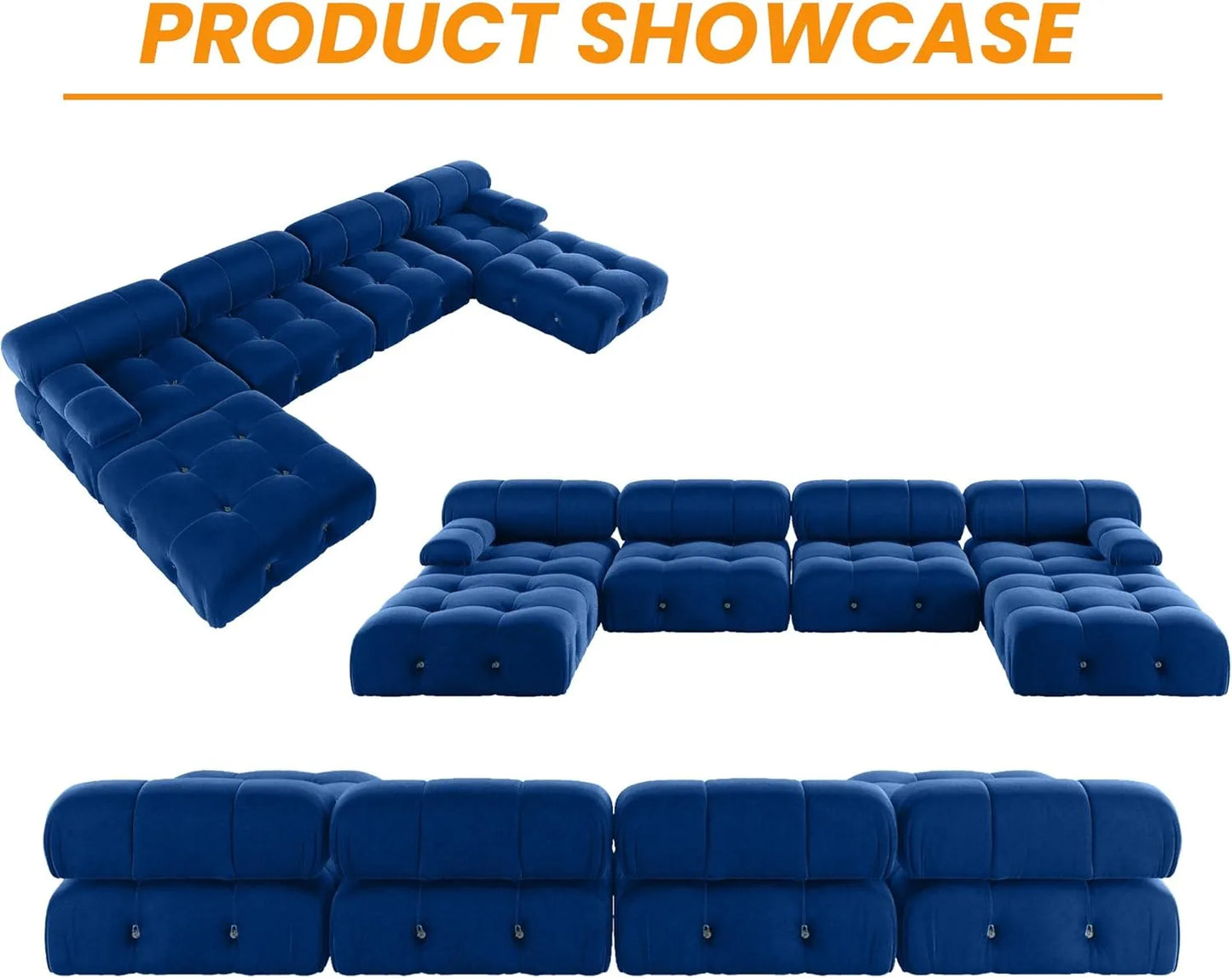 Matrix Minimalist Modular Sofas | Blue Velvet Couch Sectionals 4-seaters with 1 Ottoman