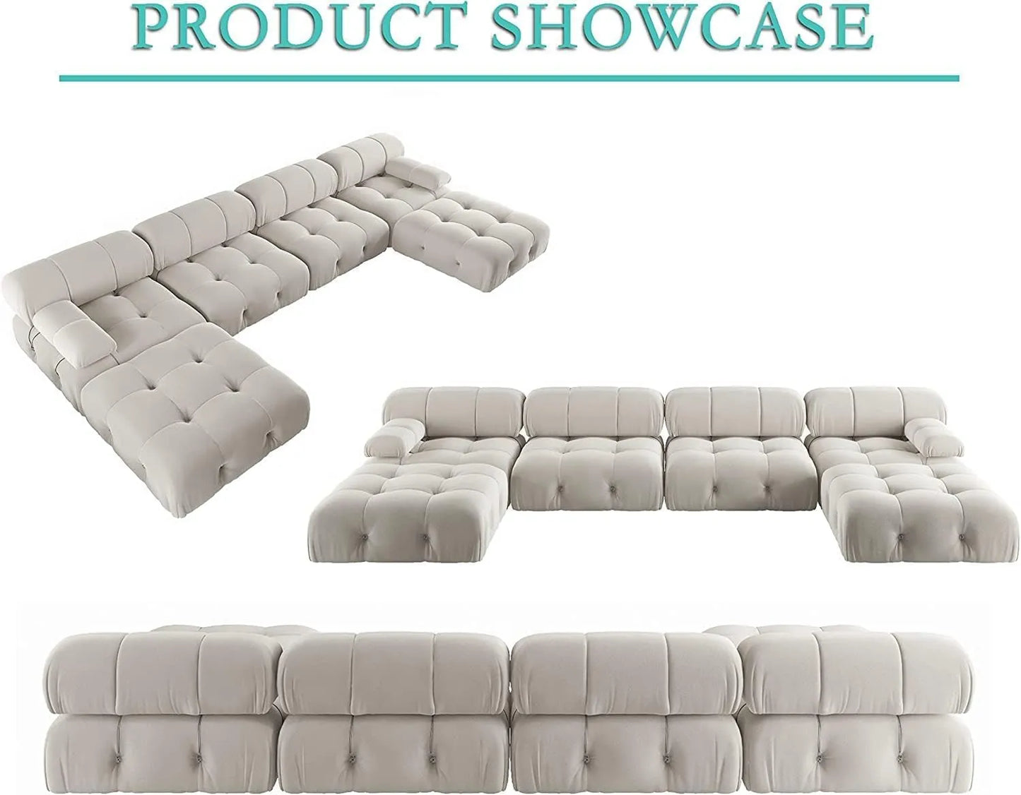 Matrix Minimalist Modular Sofas | Beige Velvet Couch Sectionals 4-seaters With 2 Ottoman