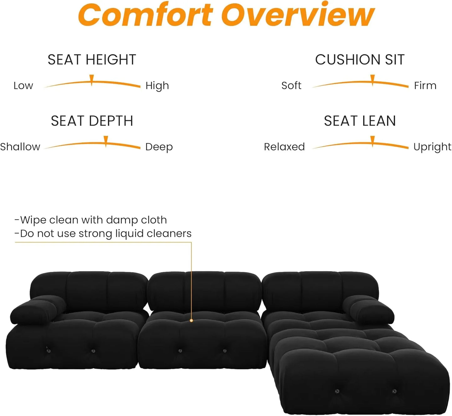 Matrix Minimalist Modular Sofas | Black Velvet Couch Sectionals 3-seaters with 1 Ottoman