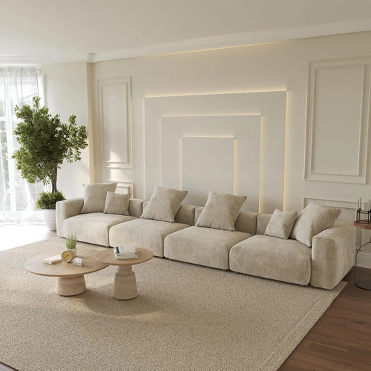 Sofás modulares modernos Matrix | Sofá seccional de 4 piezas de pana beige de 4 plazas