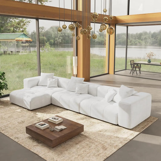 Matrix Classic Modular Sofas | 4-Piece White Cotton and Linen L-Shaped Sectionals 3-seater