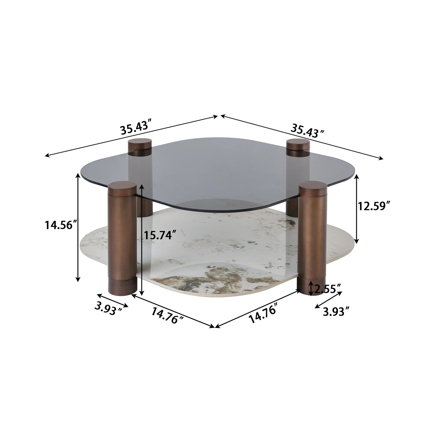 Zenith Glass Coffee Table | 36" Copper Square With Storage Shelf