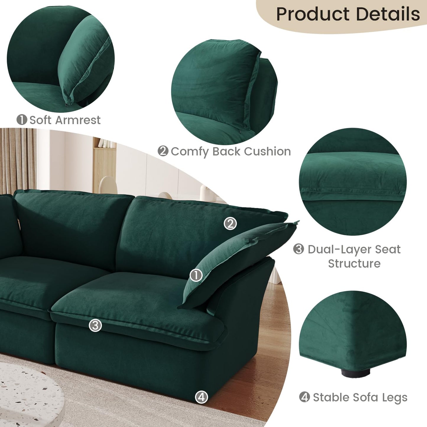 Sectional Couches for Living Room,82.66" Cloud Modular Sectional Sofa, Velvet Deep Couch,Cushion Covers Removable & Replaceable,LoveSofa,Blue