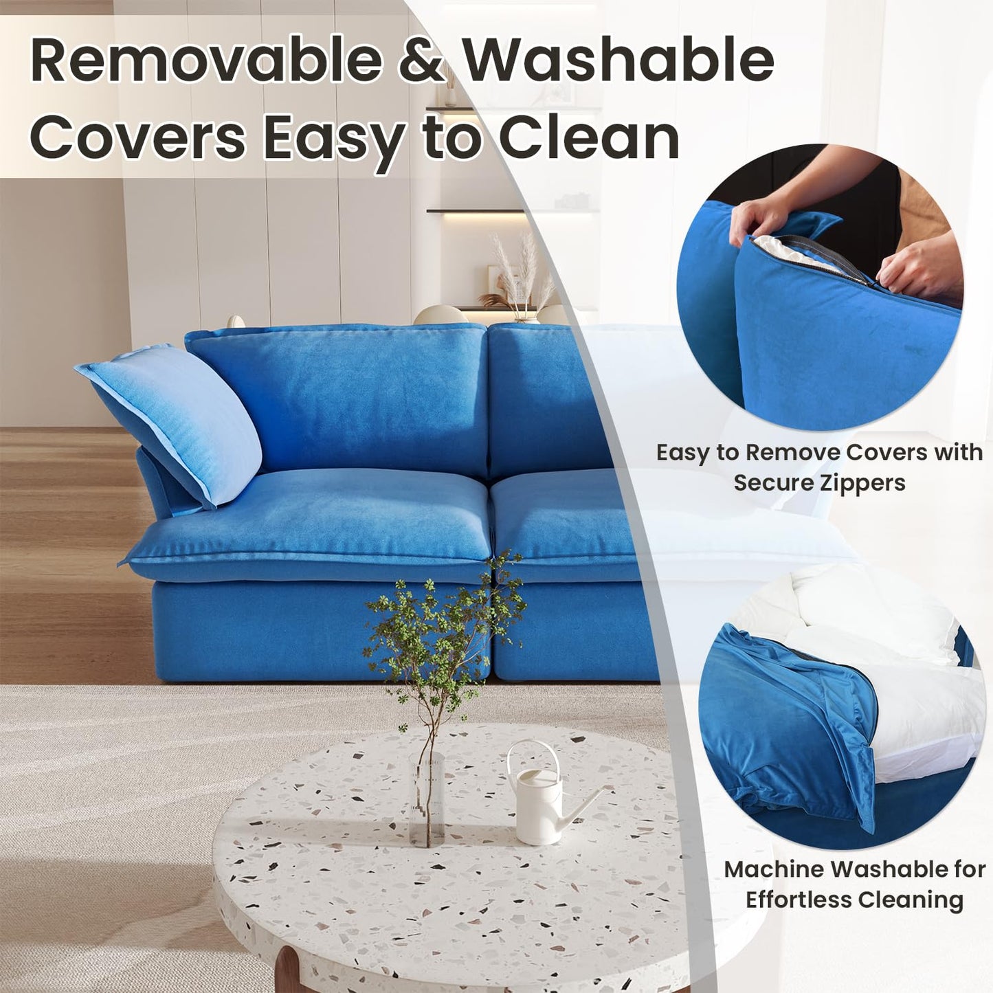 Sectional Couches for Living Room,82.66" Cloud Modular Sectional Sofa, Velvet Deep Couch,Cushion Covers Removable & Replaceable,LoveSofa,Blue