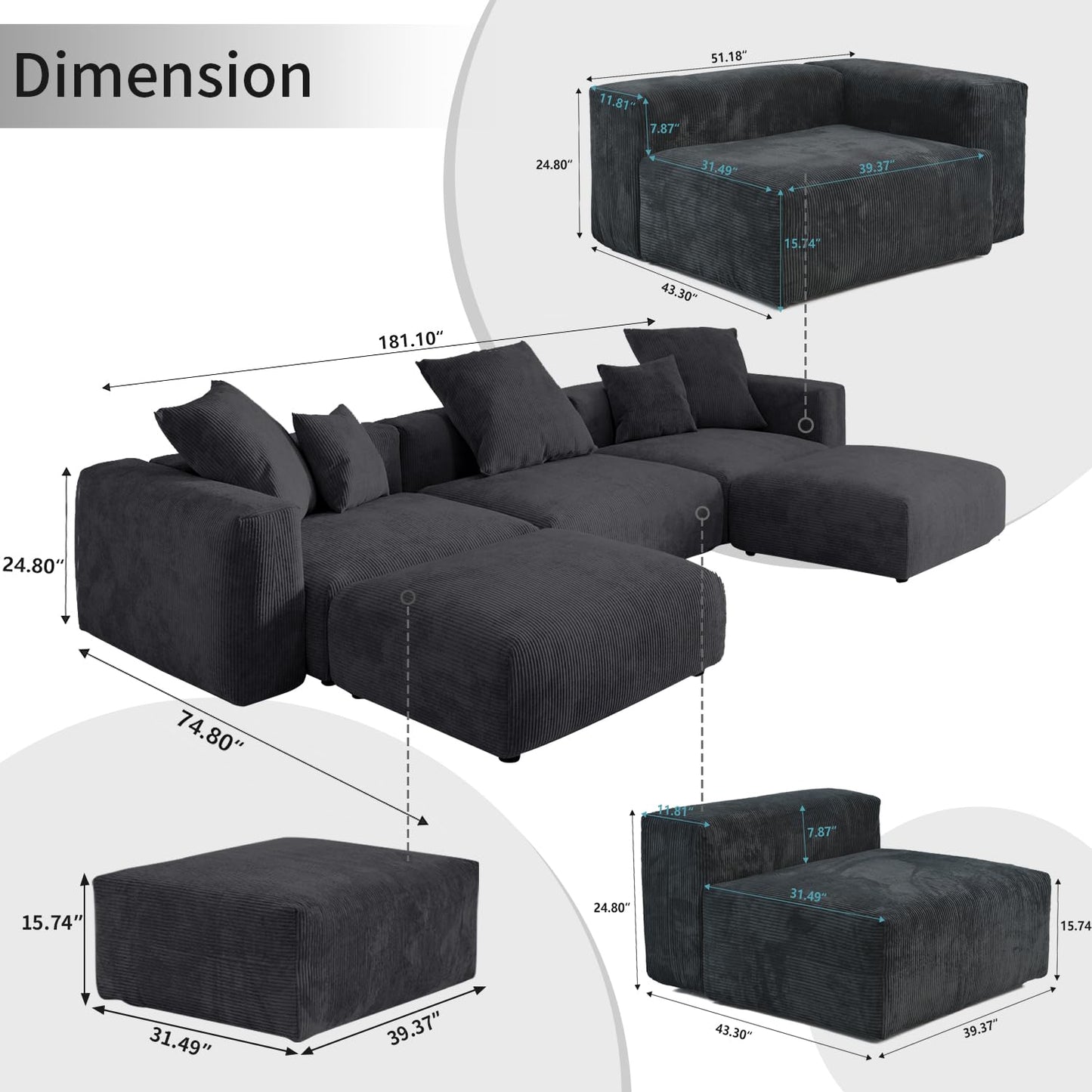 Modular Sectional Couch Sofa with 4 Pillows, 102" L Shaped Sofa Couch with Chaise Ottomans,Corduroy Fabric Couches (Beige)