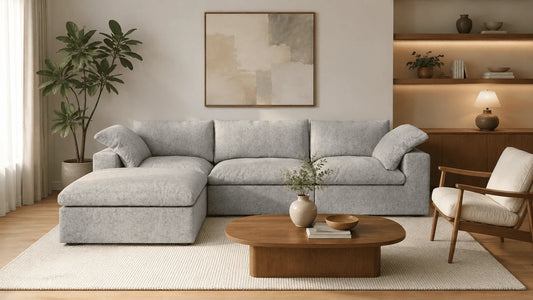 A picture of sofas with chaise in warm modern living room