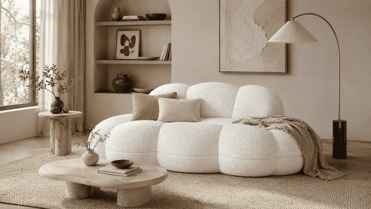 Armless sofa styled with coffee table side table rug and floor lamp