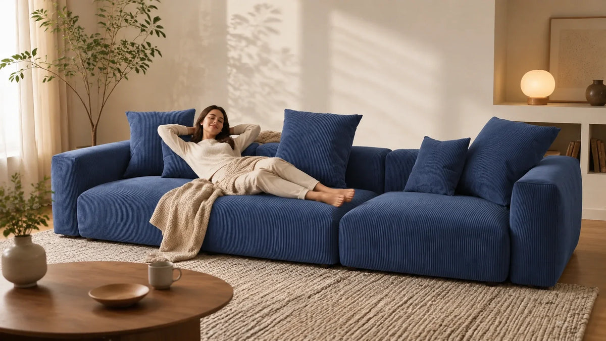 Blue corduroy couch in a cozy living room showing the comfort of are corduroy couch comfortable styles