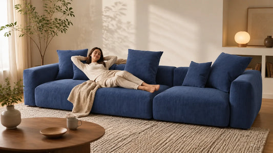 Blue corduroy couch in a cozy living room showing the comfort of are corduroy couch comfortable styles