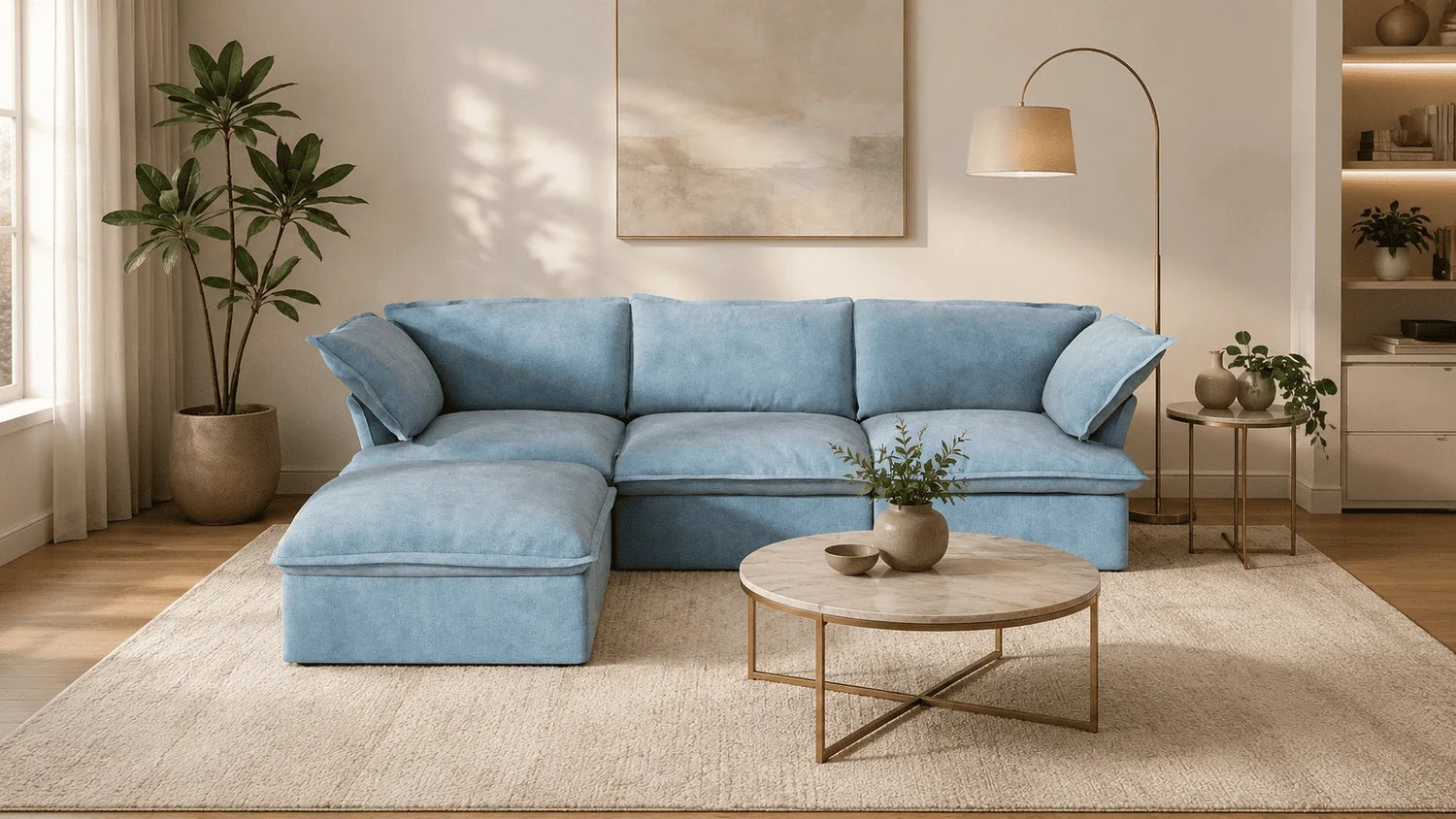 Blue velvet sofa living room ideas with neutral rug and warm lighting
