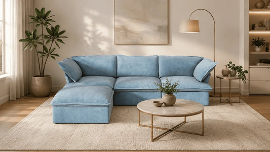 Blue velvet sofa living room ideas with neutral rug and warm lighting