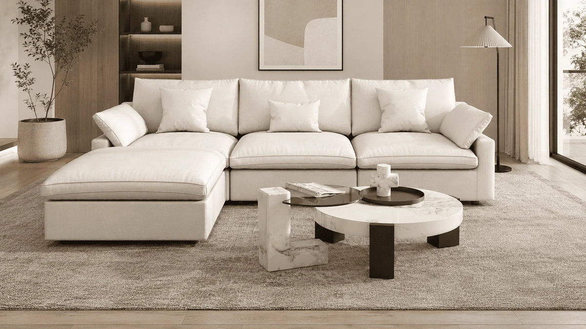Coffee table for L shaped sofa in a modern living room