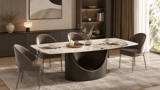 Dining room table decor with low centerpiece and neutral table setting