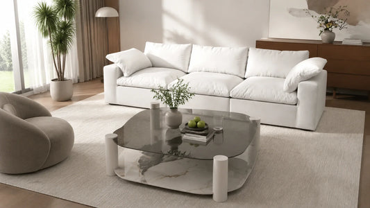 Glass coffee table with modern sofa in a balanced living room layout