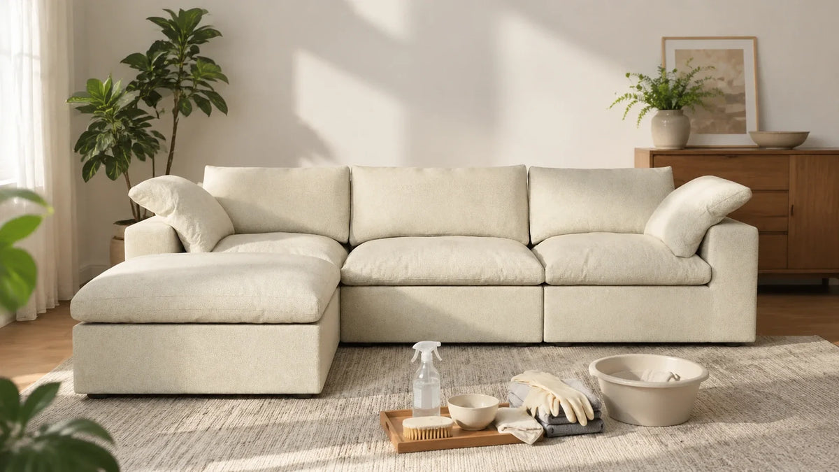 How to clean linen sofa in a bright living room with safe fabric care