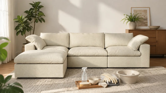 How to clean linen sofa in a bright living room with safe fabric care