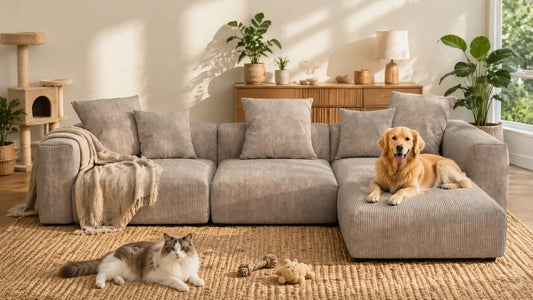 Is corduroy pet-friendly with a cozy sectional sofa and pets in a modern living room