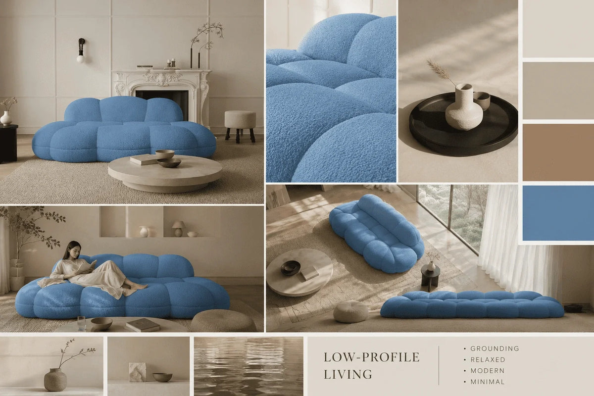 Low-profile furniture trend featuring a floor sofa, platform bed, low coffee table, and modular lounge seating