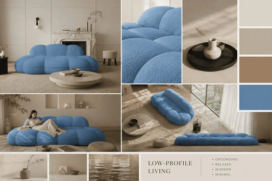 Low-profile furniture trend featuring a floor sofa, platform bed, low coffee table, and modular lounge seating