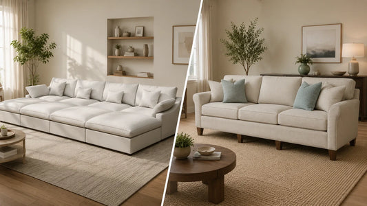 Pit Sectional vs Conversation Sofa banner showing a pit sectional and a conversation sofa in a casual living room comparison scene