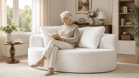 Senior sitting on a frameless sofa in a living room
