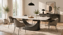 Stone dining table in modern dining room with comfortable seating and clear walkway space