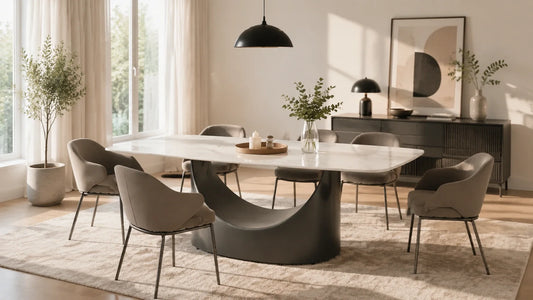 Stone dining table in modern dining room with comfortable seating and clear walkway space