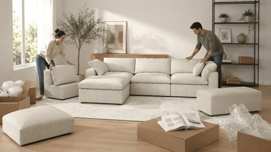 WJS Home sofa assembly setup with modular pieces in a living room