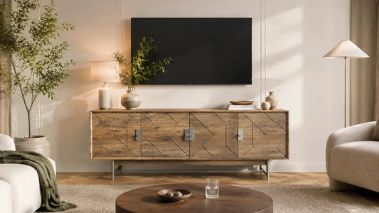 Wood TV stand decor setup in cozy modern living room with plants and lighting