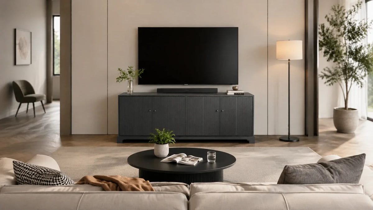 Wood tv stand with large television in modern living room setup