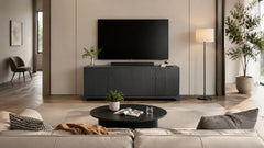 Wood tv stand with large television in modern living room setup