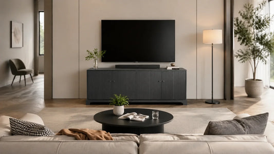 Wood tv stand with large television in modern living room setup