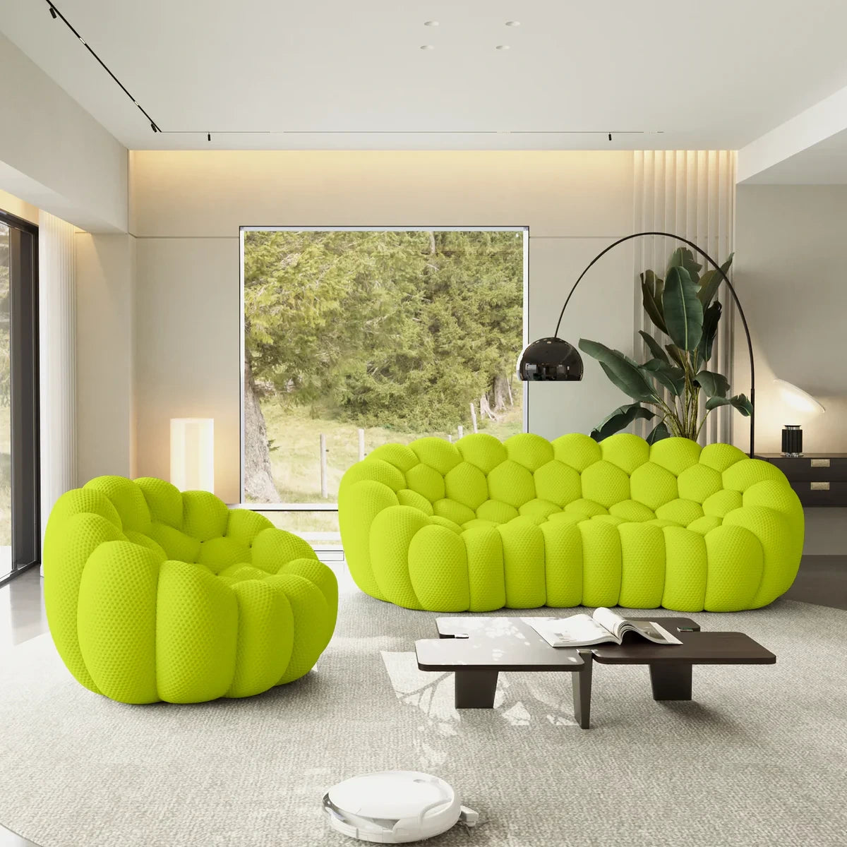 a picture of a green curved sofa in a living room