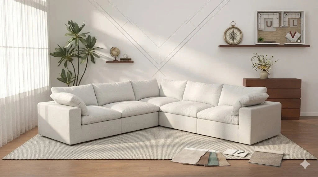a picture of a v-shaped sectional sofa in a modern living room