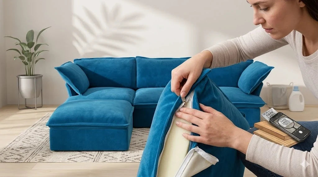 a picture of a woman who is choosing a blue velvet washable sofa