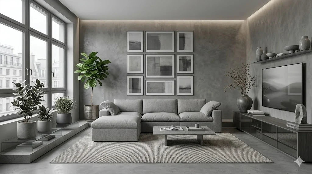 a picture of grey sofa and other living room furniture in a modern living room