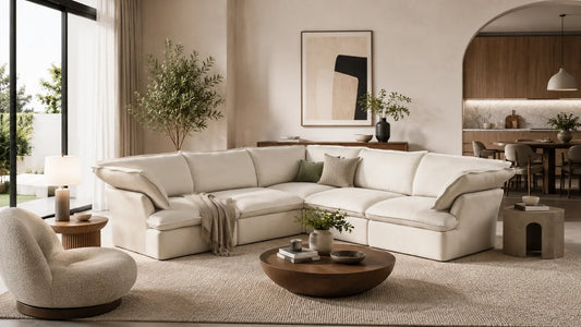 how to style a v-shaped sectional in a modern living room with a neutral sectional sofa, round coffee table, and layered modern decor