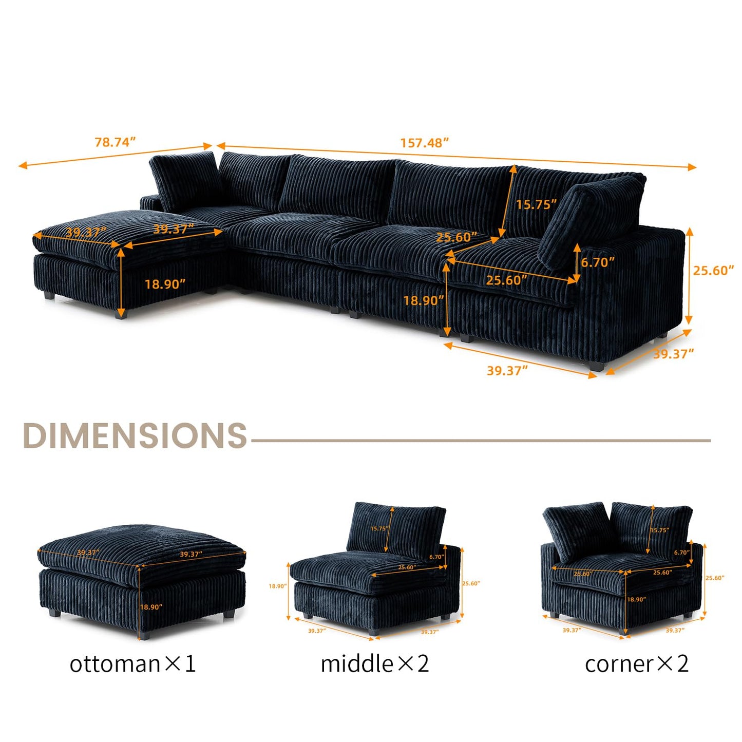 Cloud Couch Modular Sectional Sofa,157" Oversized U Shaped Couch with Ottoman,6 Seater Convertible Sofa,Comfy Plush Couches for Living Room,Covers Washable&amp;Replaceable (White)