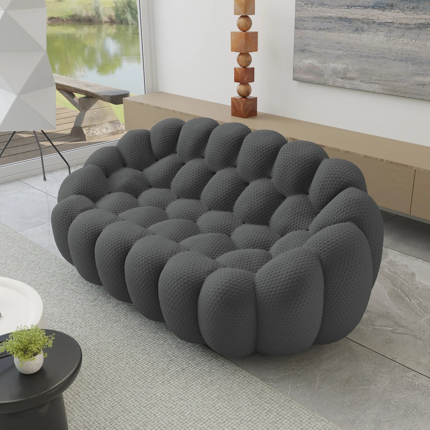 Essential Armless Floor Sofas | 1-Piece 3D Knitted Fabric Grey Loveseats 2-Seater