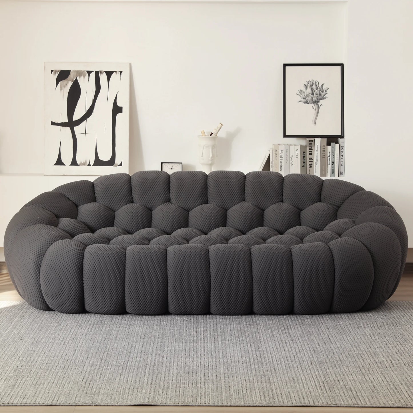 Essential Armless Floor Sofas | 1-Piece 3D Knitted Fabric Grey Loveseats 3-Seater