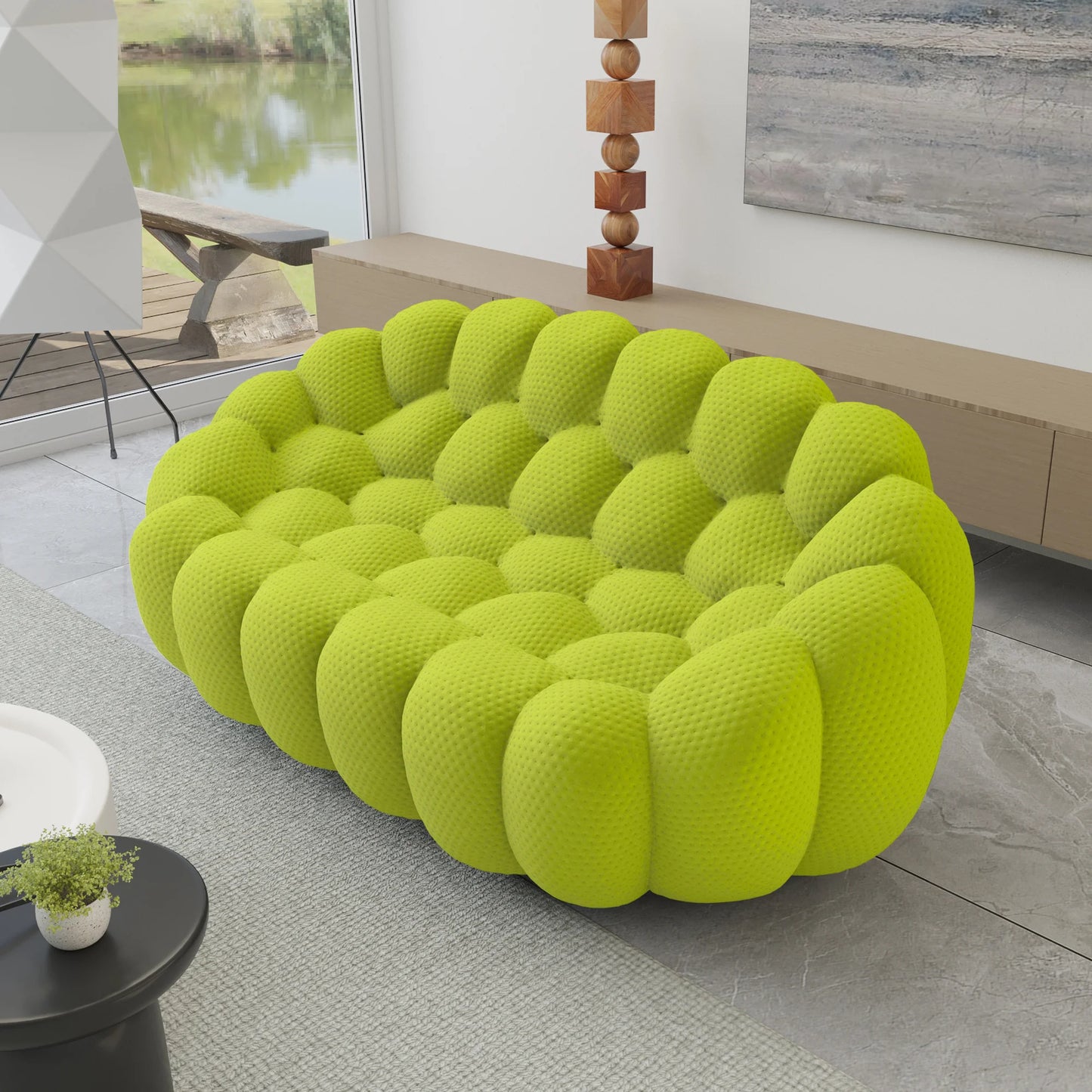 Essential Armless Floor Sofas | 1-Piece 3D Knitted Fabric Lime Green Loveseats 2-Seater