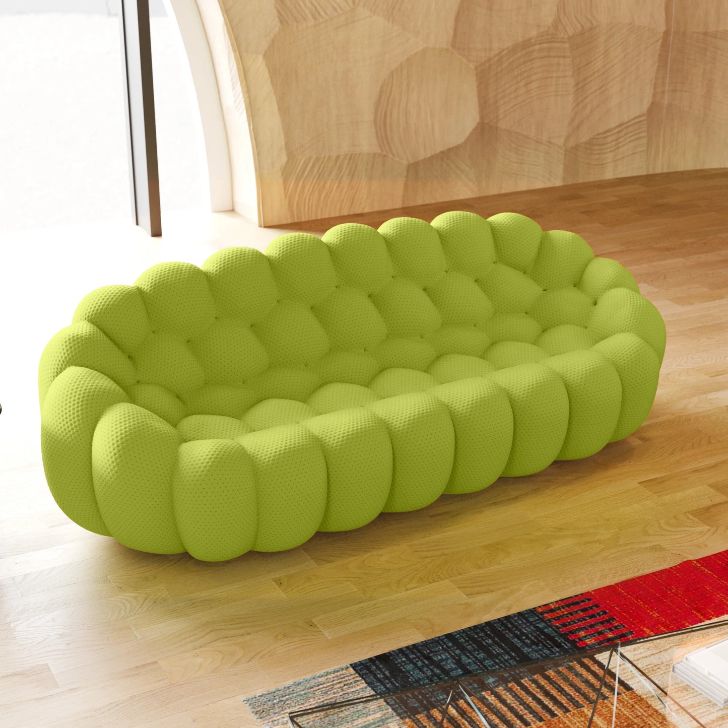 Essential Armless Floor Sofas | 1-Piece 3D Knitted Fabric Lime Green Loveseats 3-Seater