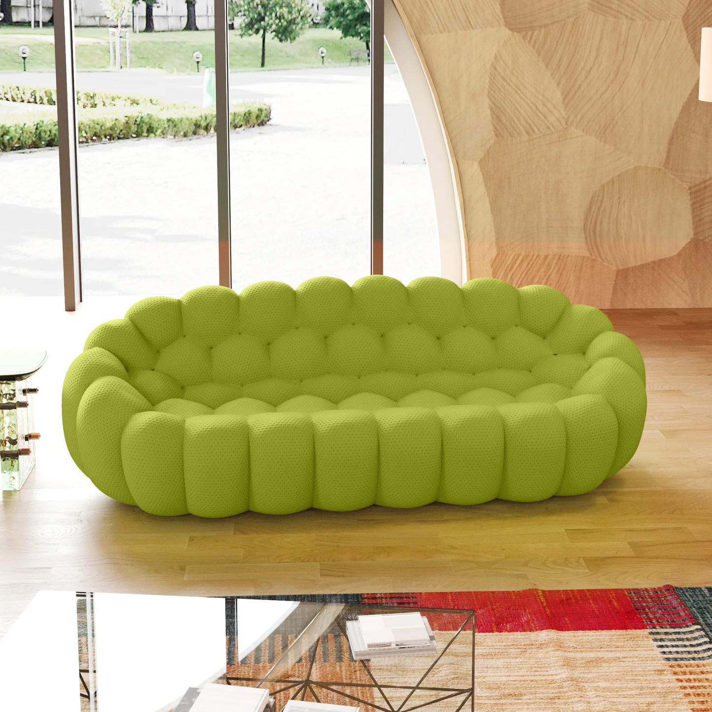 Essential Armless Floor Sofas | 1-Piece 3D Knitted Fabric Lime Green Loveseats 3-Seater