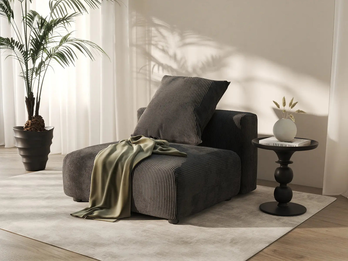 1 Piece Black Corduroy Armless Single Sofa 1 Seater