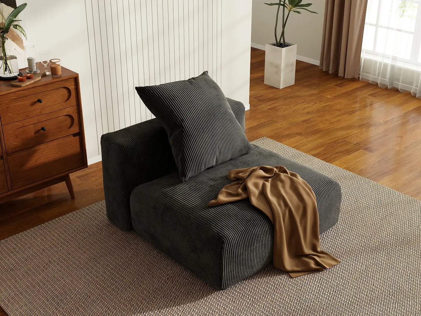 1 Piece Black Corduroy Armless Single Sofa 1 Seater