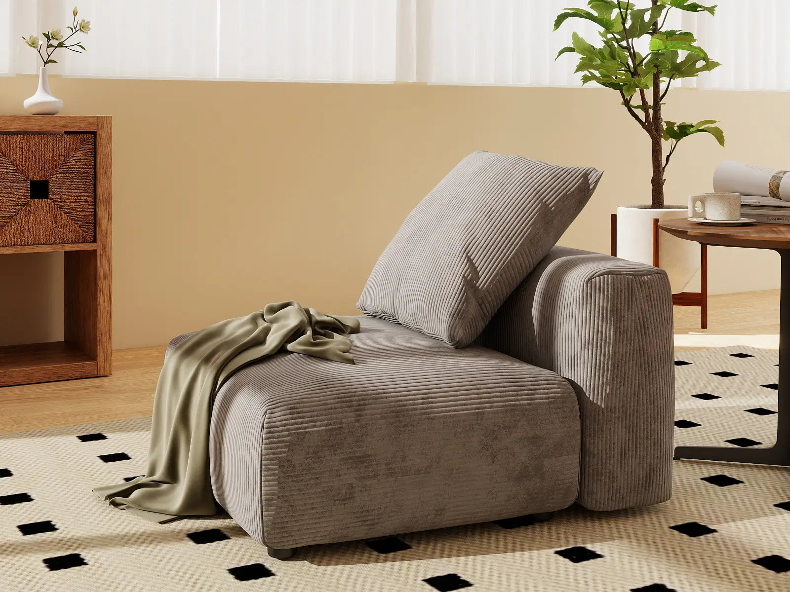 1 Piece Brown Corduroy Armless Single Sofa 1 Seater