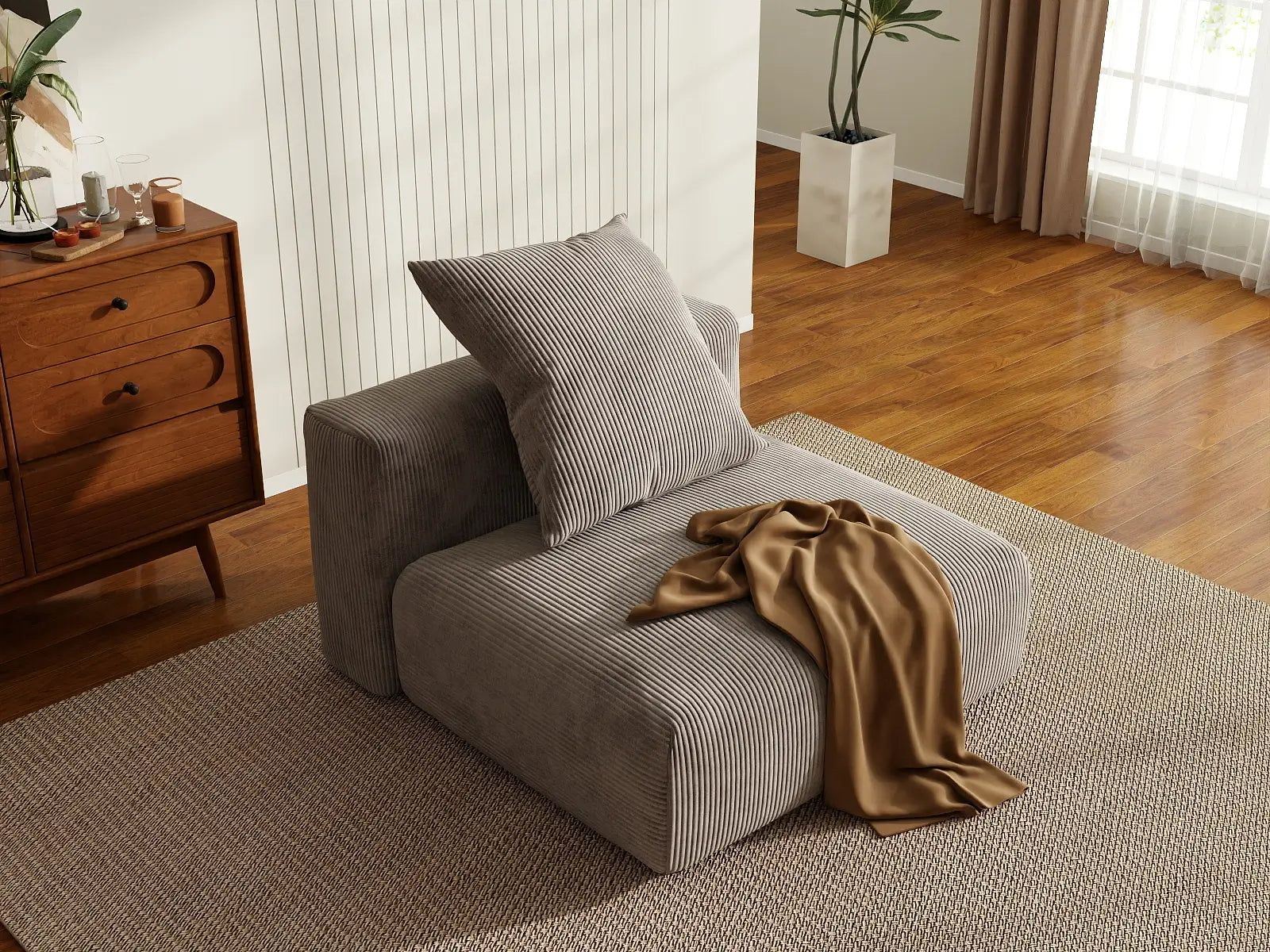 1 Piece Brown Corduroy Armless Single Sofa 1 Seater