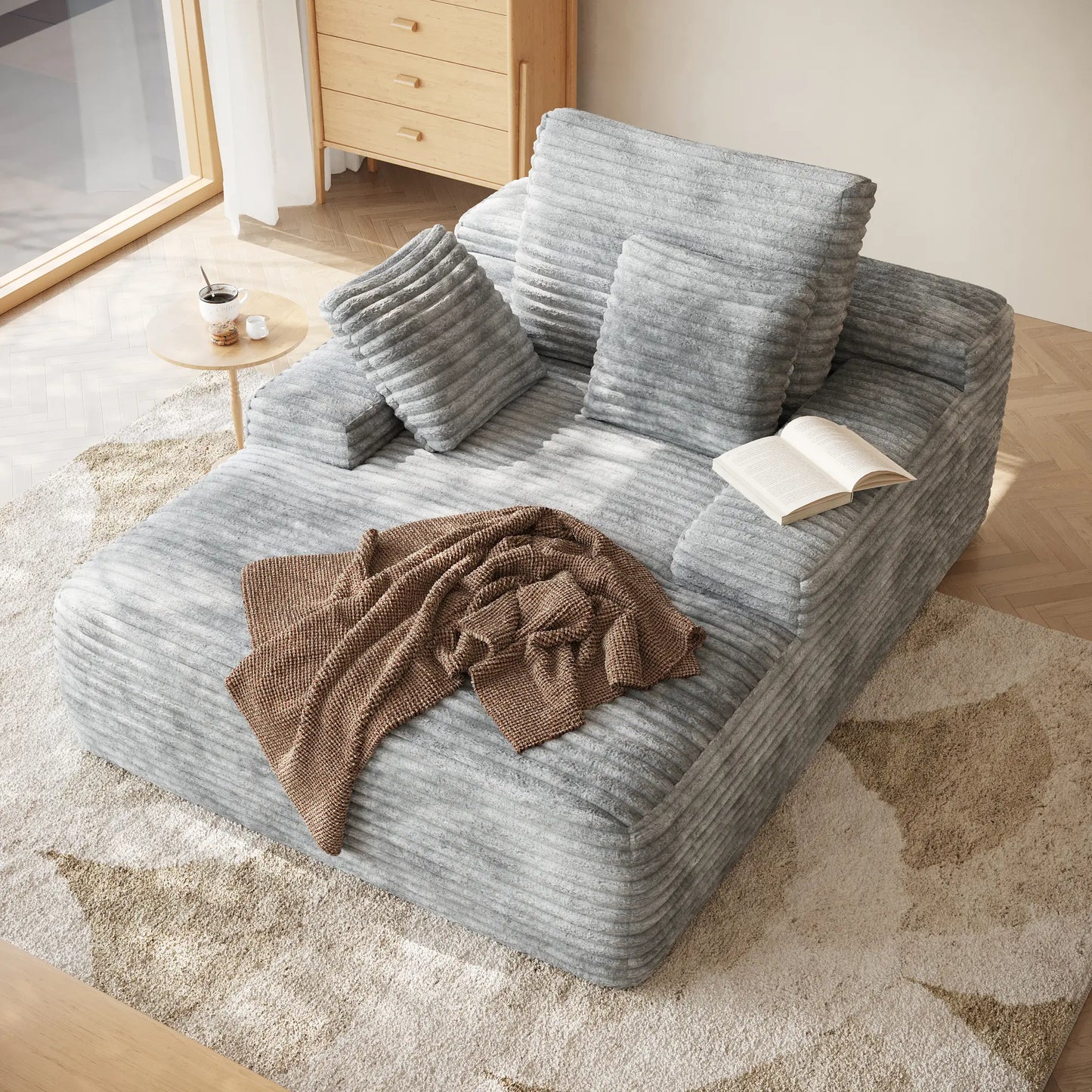 Essential Chaise Boneless Sofas | 1-Piece Corduroy Light Grey Single Sofa 1-Seater