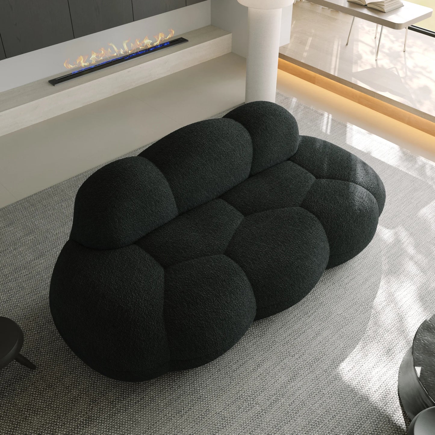 Essential Cloud Boneless Sofas | 1-Piece Teddy Velvet Black Loveseats 3-Seater